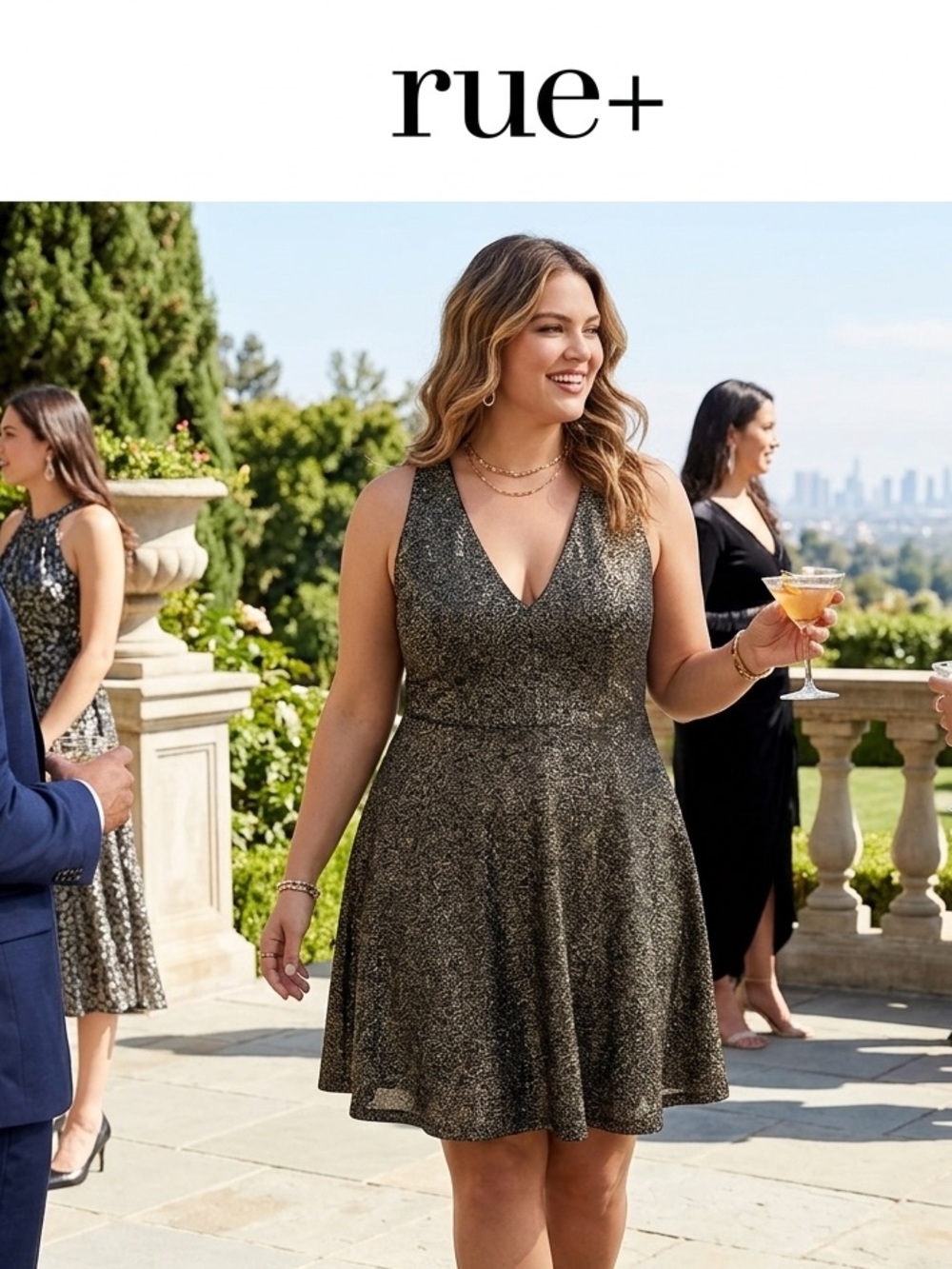 Sparkle V-Neck Fit & Flare Dress in Shimmering Gold